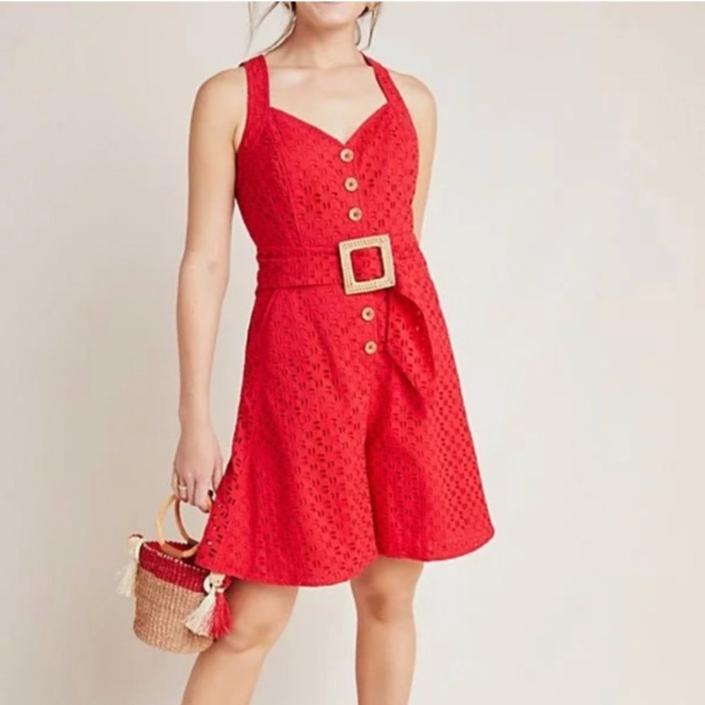Anthropologie Red Eyelet  | Belted Waist | Sleeveless Summer Romper